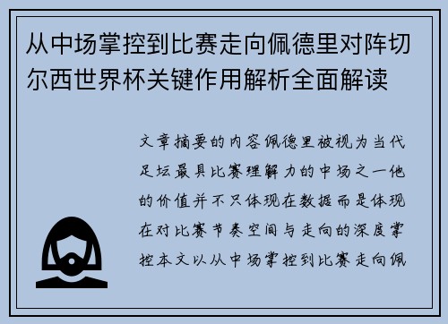 从中场掌控到比赛走向佩德里对阵切尔西世界杯关键作用解析全面解读