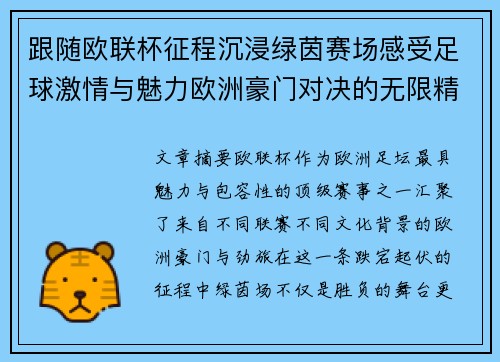 跟随欧联杯征程沉浸绿茵赛场感受足球激情与魅力欧洲豪门对决的无限精彩
